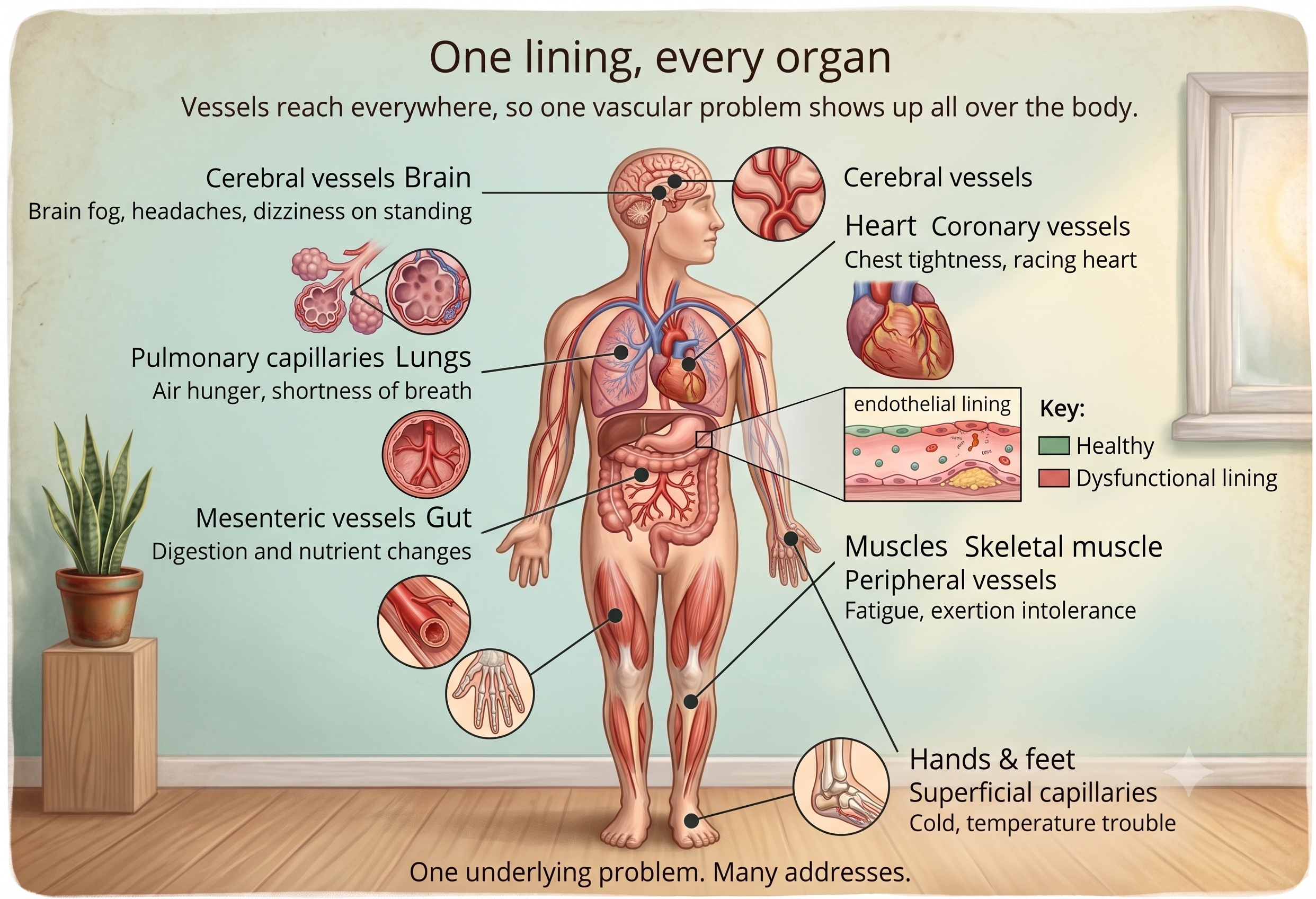 A body diagram showing that one vascular problem produces symptoms across many organs: brain fog and dizziness, air hunger in the lungs, chest tightness and racing heart, gut changes, muscle fatigue and exertion intolerance, and cold hands and feet.