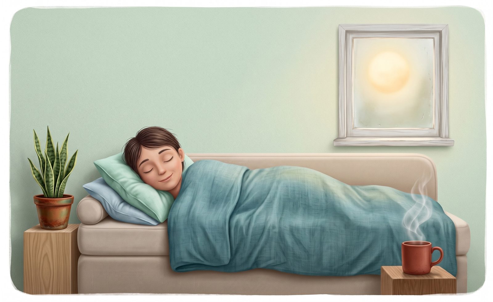 A calm illustration of a person resting peacefully on a daybed under a warm blanket, with a steaming drink and a plant nearby.